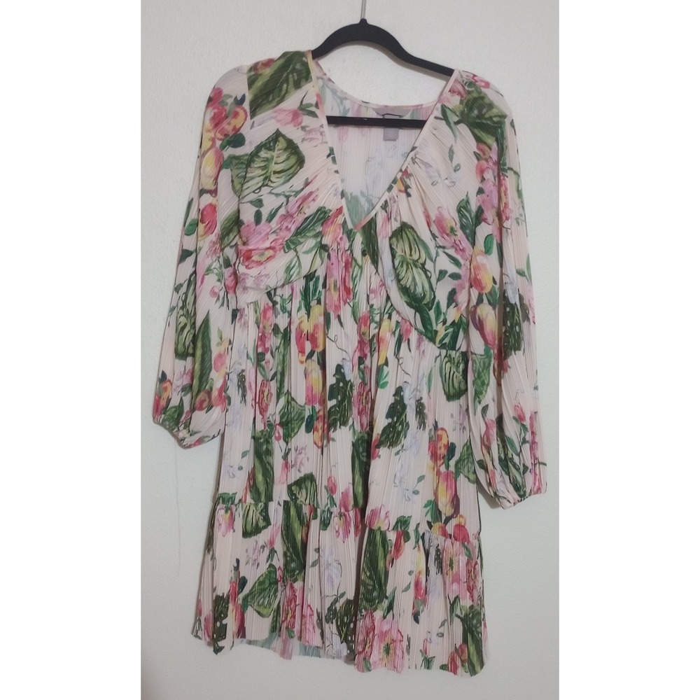 H&M Floral Pleated Mini Dress Pink Green V-Neck Long Sleeve Babydoll Large